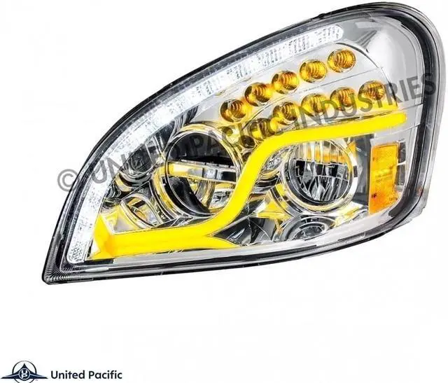 Main image of United Pacific Chrome LED Headlight With LED Daytime Running Light & LED Turn Signal For 2008-2017 Freightliner Cascadia- Driver 35790
