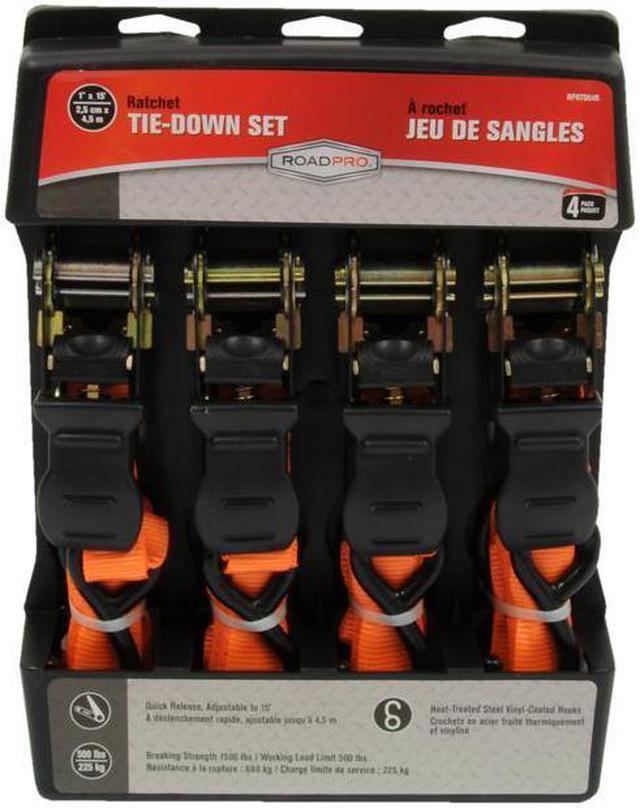 Alt view image 2 of 14 - RoadPro 1x15' Ratchet Tie-Downs with Anti-Scratch Hooks Orange 4-Piece Straps / Stretch Cords / Tie Downs