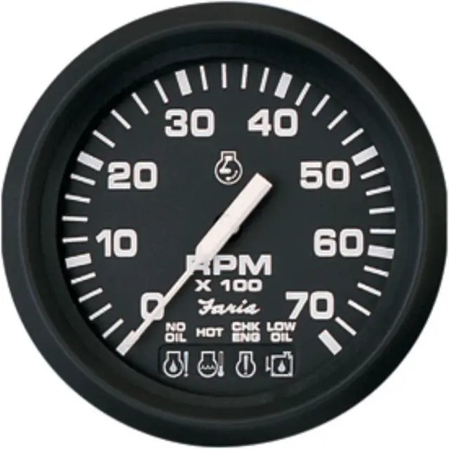 Alt view image 3 of 7 - Faria Euro Black 4" Tachometer W/Systemcheck Indicator - 7000 Rpm (Gas - Johnson / Evinrude Outboard)