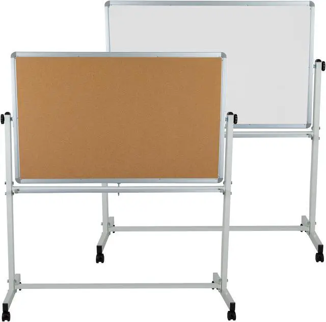 Alt view image 14 of 20 - HERCULES Series 53"W x 59"H Reversible Mobile Cork Bulletin Board and White Board with Pen Tray