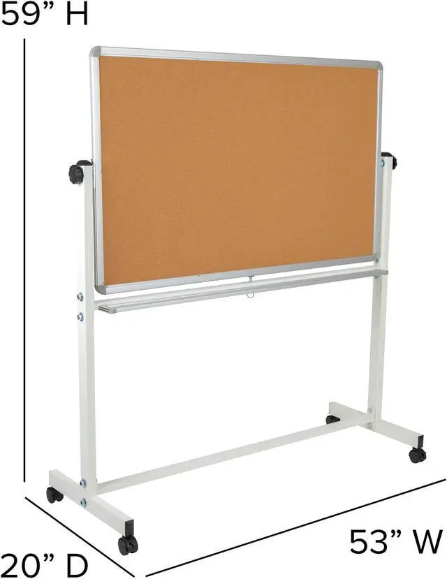 Alt view image 15 of 20 - HERCULES Series 53"W x 59"H Reversible Mobile Cork Bulletin Board and White Board with Pen Tray