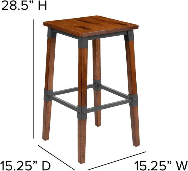 Alt view image 16 of 20 - 2 Pack Rustic Antique Walnut Industrial Wood Dining Backless Barstool