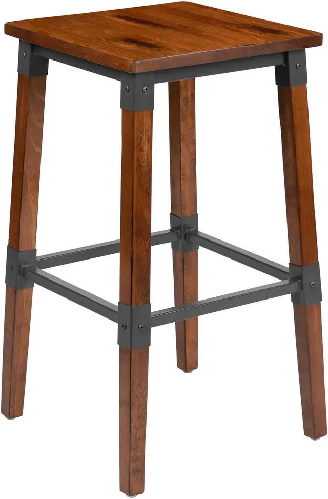 Alt view image 17 of 20 - 2 Pack Rustic Antique Walnut Industrial Wood Dining Backless Barstool