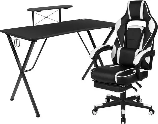 Alt view image 15 of 20 - Black Gaming Desk with Cup Holder/Headphone Hook/Monitor Stand & White Reclining Back/Arms Gaming Chair with Footrest