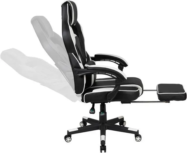 Alt view image 20 of 20 - Black Gaming Desk with Cup Holder/Headphone Hook/Monitor Stand & White Reclining Back/Arms Gaming Chair with Footrest