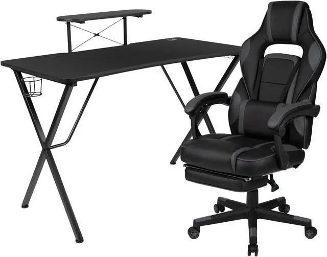 Alt view image 15 of 20 - Black Gaming Desk with Cup Holder/Headphone Hook/Monitor Stand & Black Reclining Back/Arms Gaming Chair with Footrest