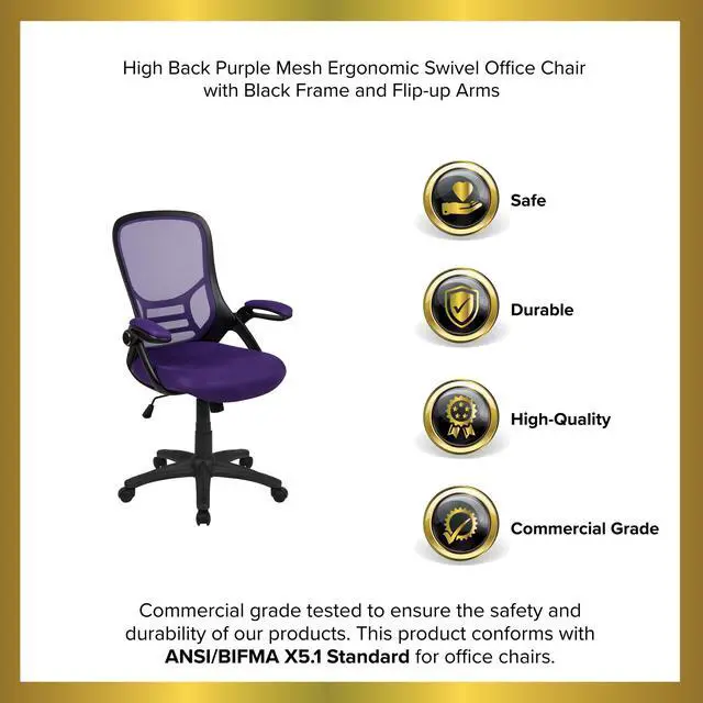 Alt view image 10 of 20 - Flash Furniture Porter Ergonomic Mesh Swivel High Back Office Chair Purple/Black (HL00161BKPUR)