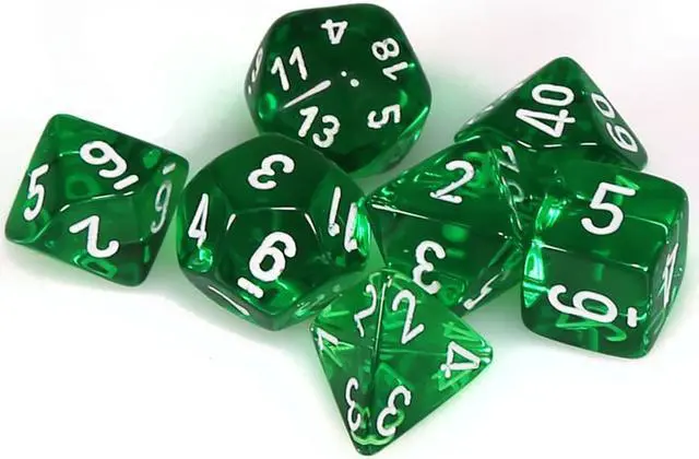 Alt view image 2 of 4 - 7 Set Cube Translucent Polyhedral Green Dice White Numbered Durable Standard Size Chessex Manufacturing