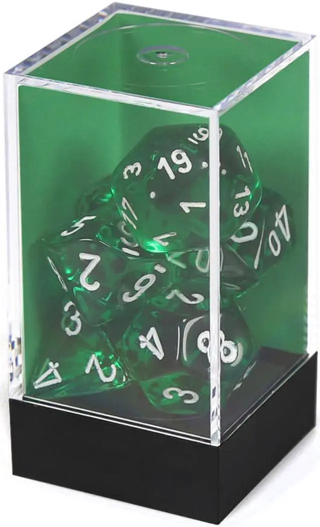 Alt view image 3 of 4 - 7 Set Cube Translucent Polyhedral Green Dice White Numbered Durable Standard Size Chessex Manufacturing