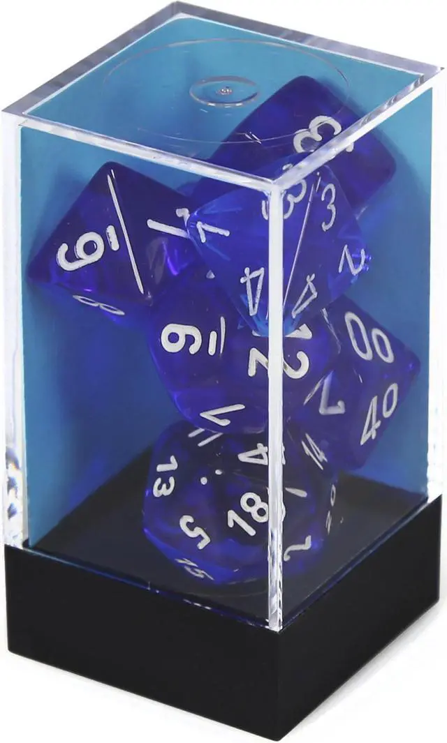 Alt view image 3 of 4 - 7 Set Cube Translucent Blue Dice White Numbered Durable Standard Size Chessex Manufacturing