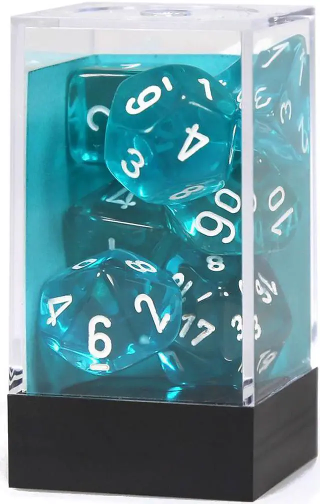 Alt view image 3 of 3 - 7 Set Cube Translucent Polyhedral Teal & White Dice Transparent Durable Chessex Manufacturing