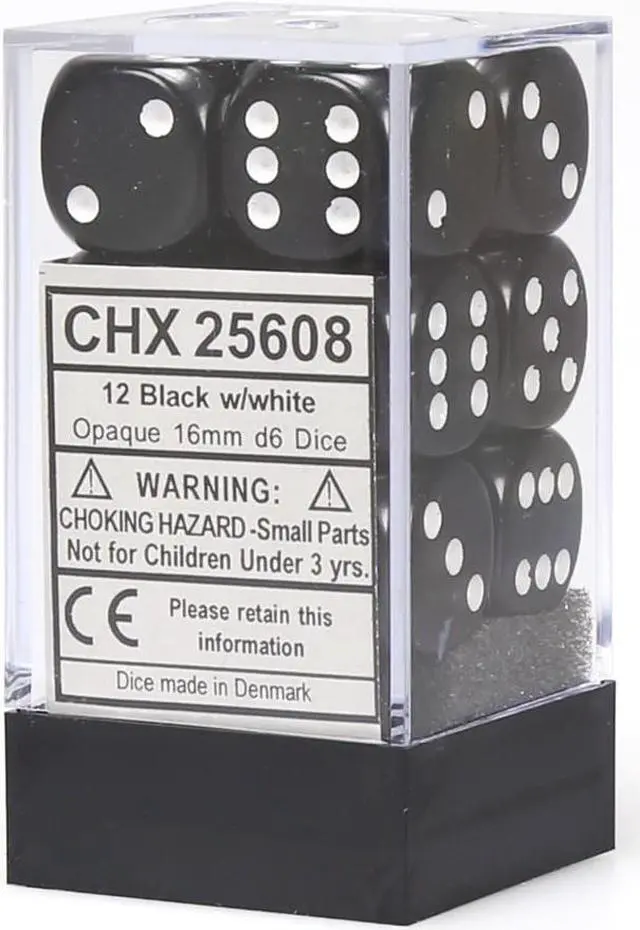 Alt view image 2 of 2 - Chessex 25608 Opaque Black With White - 16 mm Six Sided Dice Set Of 12