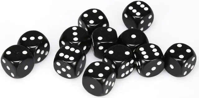 Main image of Chessex 25608 Opaque Black With White - 16 mm Six Sided Dice Set Of 12