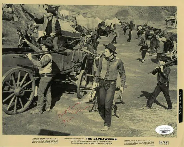Main image of Fess Parker signed 1959 The Jayhawkers Vintage B&W 8x10 Photo Best Wishes- JSA #II11660- imperfect