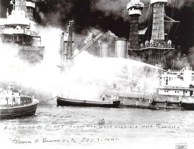 Main image of Lauren F. Bruner signed WWII Pearl Harbor Survivor B&W 8x10 Photo -JSA #II11657  w/ fighting fires (USS Arizona/Dec 7, 1941)