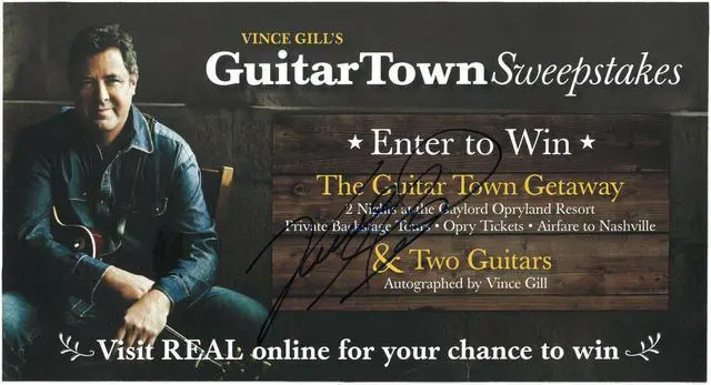 Vince Gill signed 6x11 Guitar Town Sweepstakes AD- JSA #GG38418