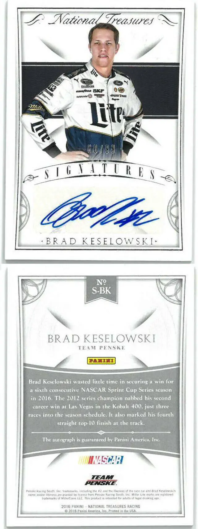 Main image of Brad Keselowski signed 2016 Panini National Treasures Racing Card #S-BK- LTD 60/99