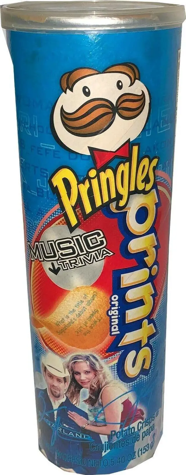 Main image of Jennifer Nettles/Kristian Bush dual signed Sugarland Pringles Prints Music Trivia 9" Chip Canister- JSA #KK58220
