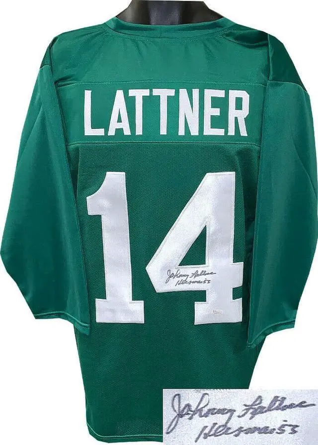 Main image of Johnny Lattner signed Notre Dame Green 3/4 Sleeves TB Custom Stitched College Football Jersey XL Heisman 53- JSA Witnessed