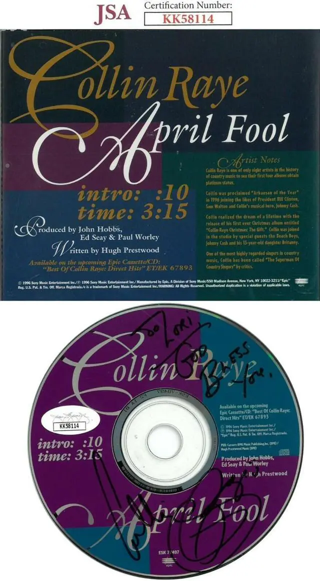 Collin Raye signed 1996 April Fool Album CD w/Back Cover w/ Case To Lori God Bless- JSA #KK58114