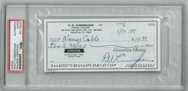 Main image of Walt/RW Cunningham signed Personal Check #1313- PSA Encapsulated #84179022 (Apollo/Astronaut)