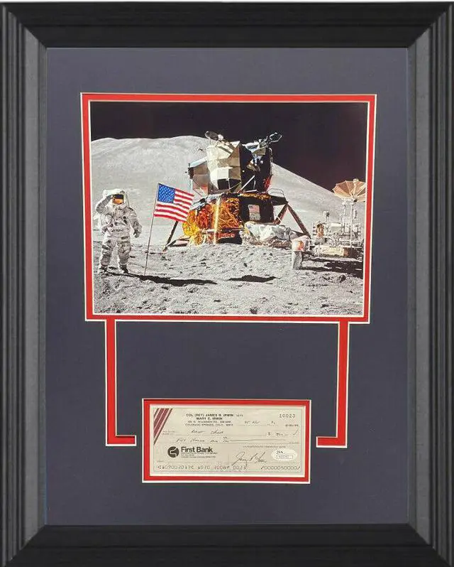 Main image of James/Jim Irwin signed 1990 Cancelled Bank Check w/ Photo w/ Matted w/ Custom Framing 14x18- JSA (NASA Apollo 15 Astronaut)