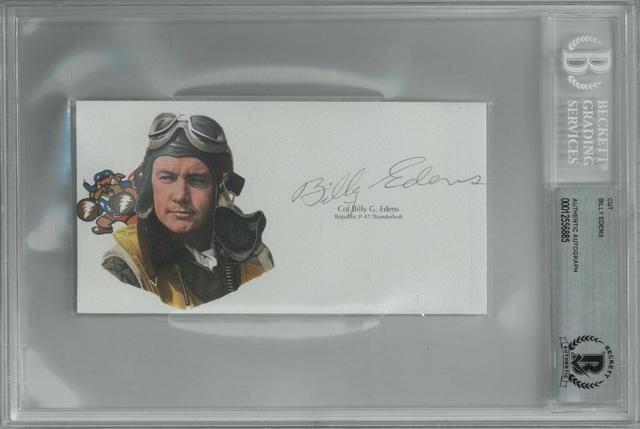 Main image of Col Billy Edens signed 5.75”x3” cut signature w/ Image– BAS/Beckett Encapsulated (WWII/Republic P-47 Thunderbolt)
