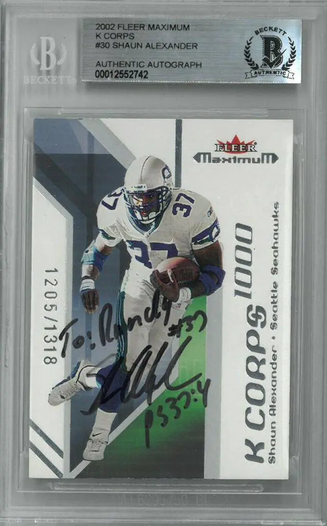 Main image of Shaun Alexander signed 2002 Fleer Maximum Card To Randy PS 37:4 #30 LTD- BAS/Beckett #00012552742 (Seahawks)