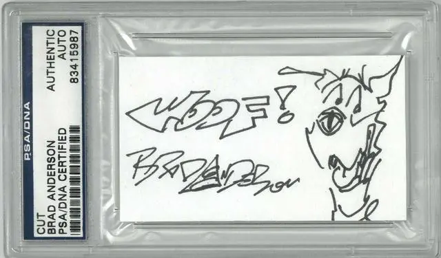 Main image of Brad Anderson signed 3.5"x2" Cartoonist Cut Signature – PSA # 83415987 Marmaduke Original Artwork w/ Woof!