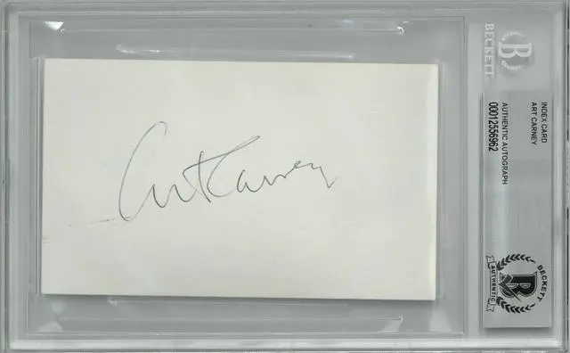 Main image of Art Carney signed 3x5 Index Card- Beckett/BAS Encapsulated (The Honeymooners/Harry and Tonto/Academy Awards)