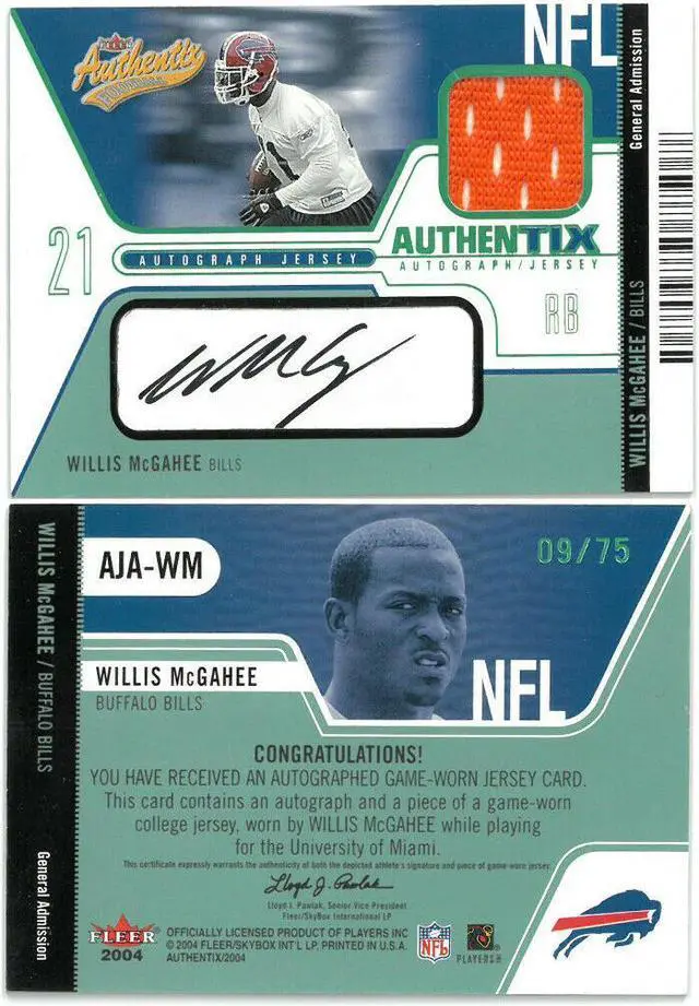 Main image of Willis McGahee signed 2004 Fleer Authentix Football Game Worn Jersey Card #AJA-WM- LTD 09/75 (Miami Hurricanes)