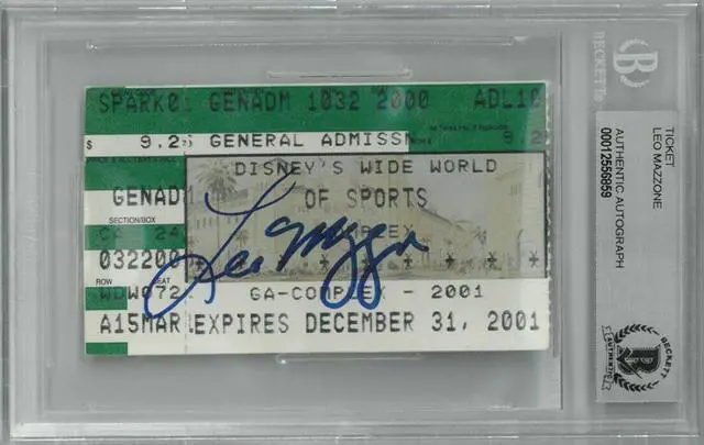 Main image of Leo Mazzone signed 2001 Disney's Wild World of Sports Ticket Stub- BAS/Beckett Encapsulated (Atlanta Braves/Baltimore Orioles)
