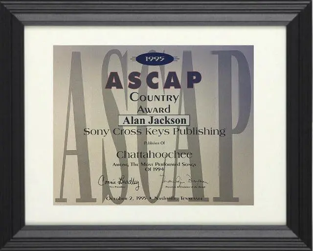 Main image of Alan Jackson 1995 ASCAP 11x14 Country Music Award Sony Cross Keys Publishing/Chattahoochee Custom Framing