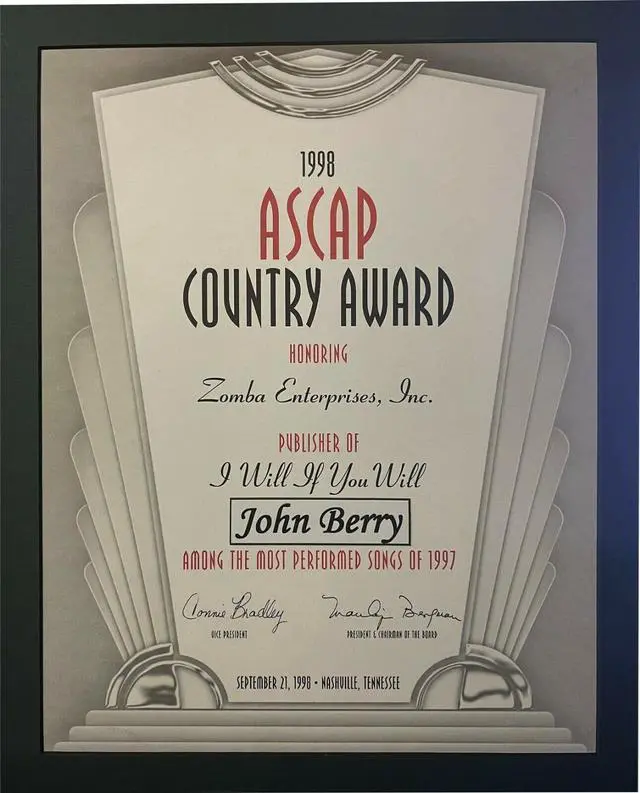Main image of John Berry 1998 ASCAP 11x14 Country Music Award Zomba Enterprises , Publisher of I Will If You Will Matted 13”x16”