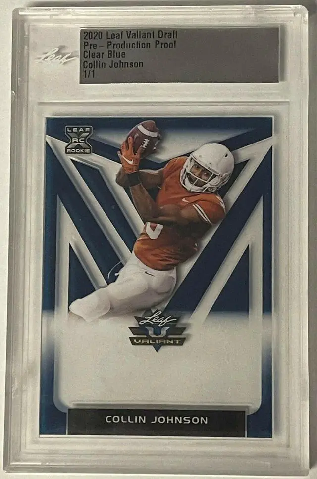 Main image of Collin Johnson 2020 Leaf Valiant Draft Pre-Production Proof Clear Blue Rookie Card (RC)- LTD 1/1- Encapsulated (Texas Longhorns)