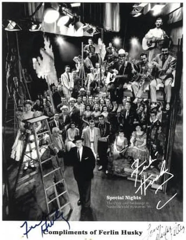 Main image of Ferlin Husky & Mickey Gilley dual signed 1956 Ryman Opry Cast Backstage 8.5x11 Photo imperfect/stains- JSA #KK58026