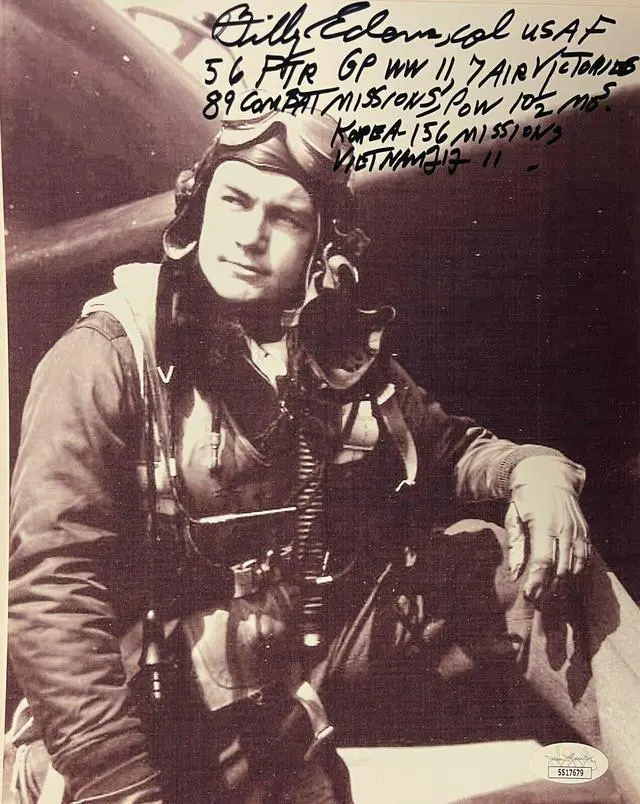 Main image of Col Billy Edens signed Vintage WWII/Vietnam/Korea Ace Pilot B&W 8x10 Photo- JSA #SS17679- 56 FTR Group P-47's-7 Air Victories