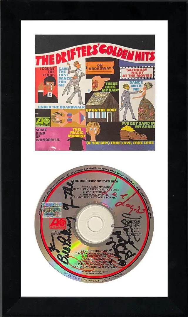 Main image of Bill Pinkney & Lee Logan signed The Drifters' Golden Hits Album CD/Cover 6.5x12 Custom Framing- 4 sigs Original Drifter COA