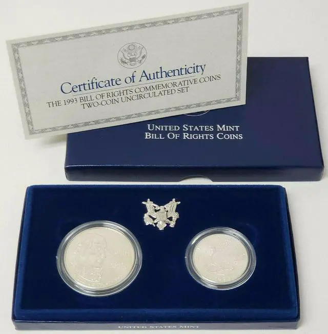 Main image of 1993 US Bill of Rights $1 Silver Dollar &  Clad Half 2-Coin US Mint Set Uncirculated Proof Box & COA
