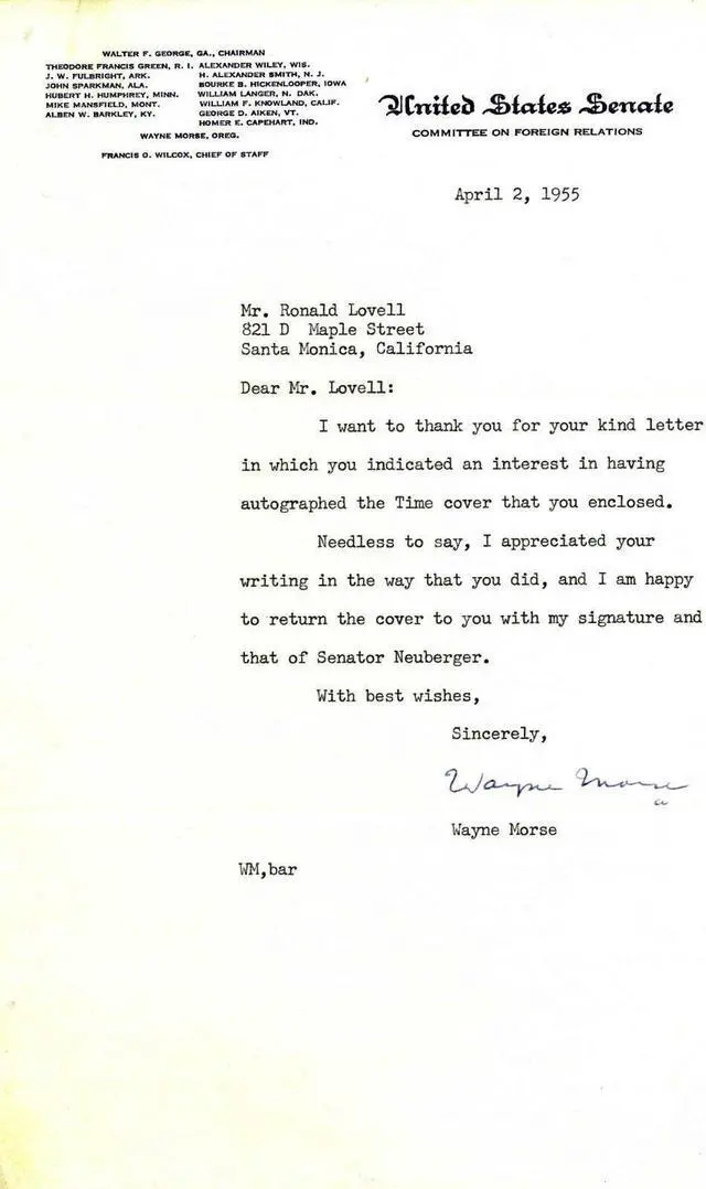 Main image of Senator Wayne Morse Signed United States Senate Typed Letter  COA (April 2, 1955/Oregon)