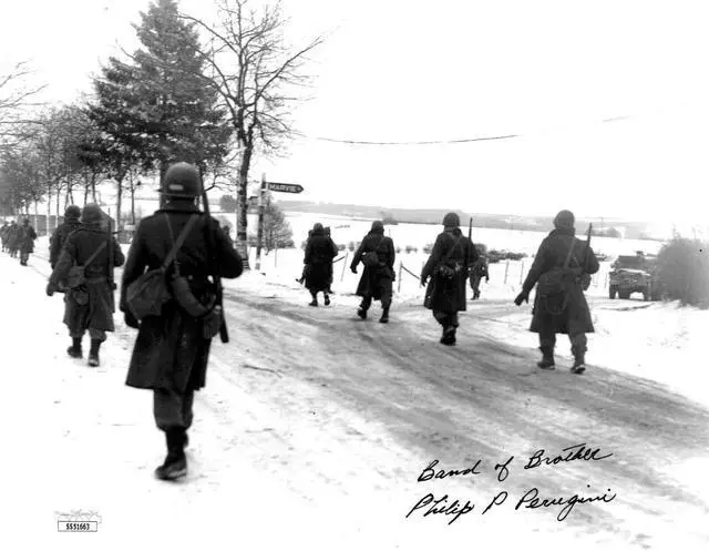 Main image of Philip P. Perugini signed WWII Band of Brothers Vintage B&W 8x10 Photo- JSA #SS51663- 101st ABD Easy Co 506th PIR