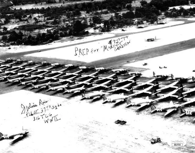 Main image of Julian "Bud" Rice signed WWII C-47 Pilot B&W 8x10 Photo- JSA #SS17735- 37th Sqdn/316 TCG/Prep for Market Garden-9/17/1944