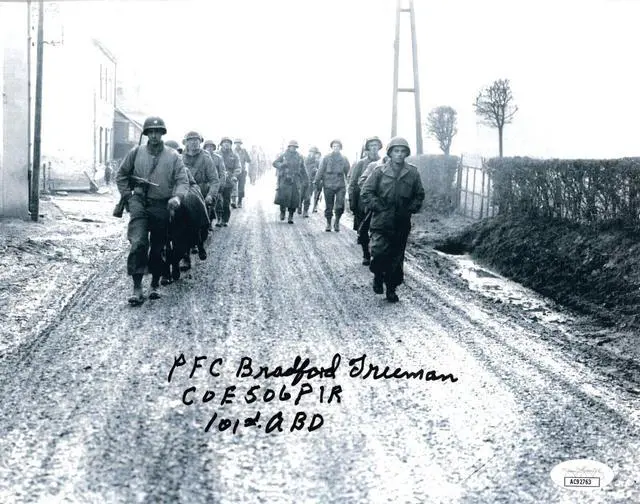 Main image of Bradford Freeman signed WWII Band of Brothers Vintage B&W 8x10 Photo- JSA #AC92763- E Company 506 PIR- 101st ABD