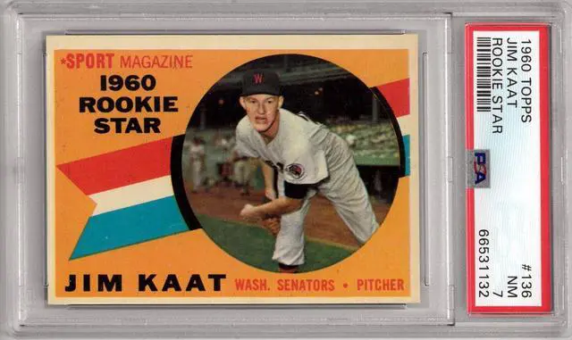Main image of Jim Kaat 1960 Topps Baseball Rookie Star Card (RC) #136- PSA Graded 7 NM (Washington Senators)