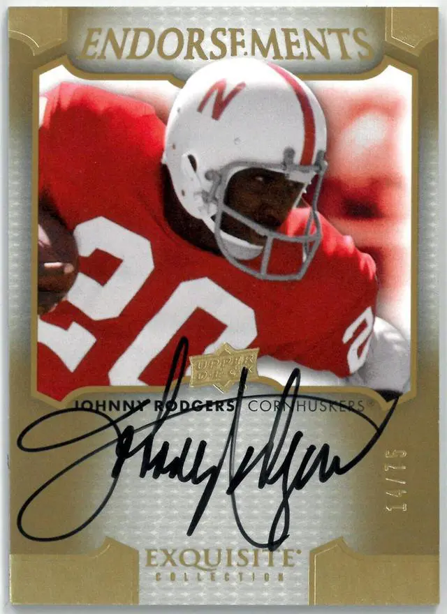 Main image of Johnny Rodgers signed 2011 Upper Deck Exquisite Endorsements On Card Auto #E-JO- 14/75 (Nebraska Cornhuskers)