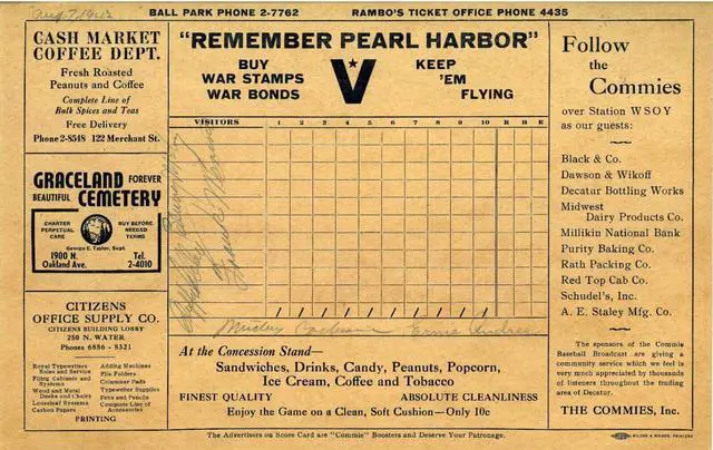 Main image of 1942 Remember Pearl Harbor Baseball Wilder & Wilder Vintage 7.25x11.25 Score Card 5 sigs: Mickey Cochrane/Ernie Andres- JSA LOA