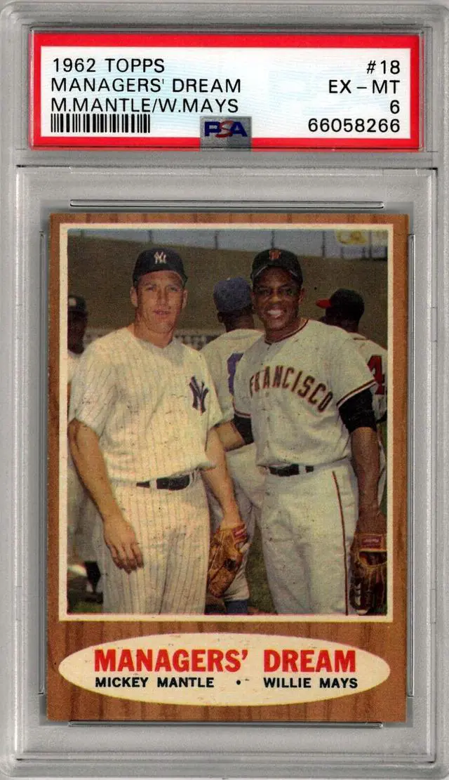 Main image of Mickey Mantle & Willie Mays 1962 Topps Managers' Dream Baseball Card #18- PSA Graded 6 EX-MT
