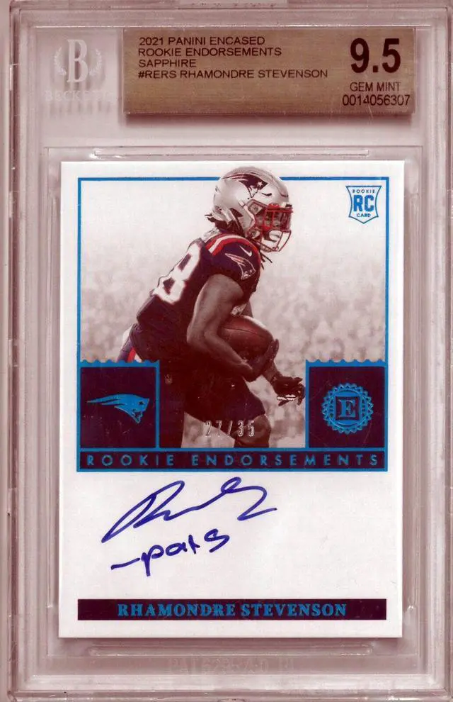 Main image of Rhamondre Stevenson 2021 Panini Encased Rookie Endorsements Sapphire Card (RC) #RE-RS- 27/35- BGS Graded 9.5 Gem Mint/10 Auto