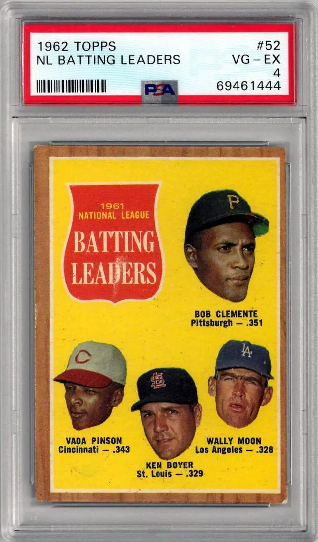 Main image of 1962 Topps NL Batting Leaders Card #52- PSA Graded 4 VG-EX (Roberto Clemente/Pinson/Boyer/Moon)