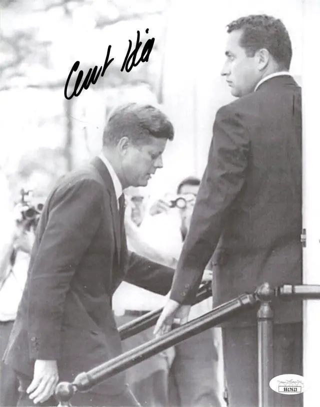 Main image of Clinton "Clint" Hill signed Secret Service JFK B&W 8x10 Photo- JSA #SS17623 (Presidential Motorcade Dallas- 11-22-63)